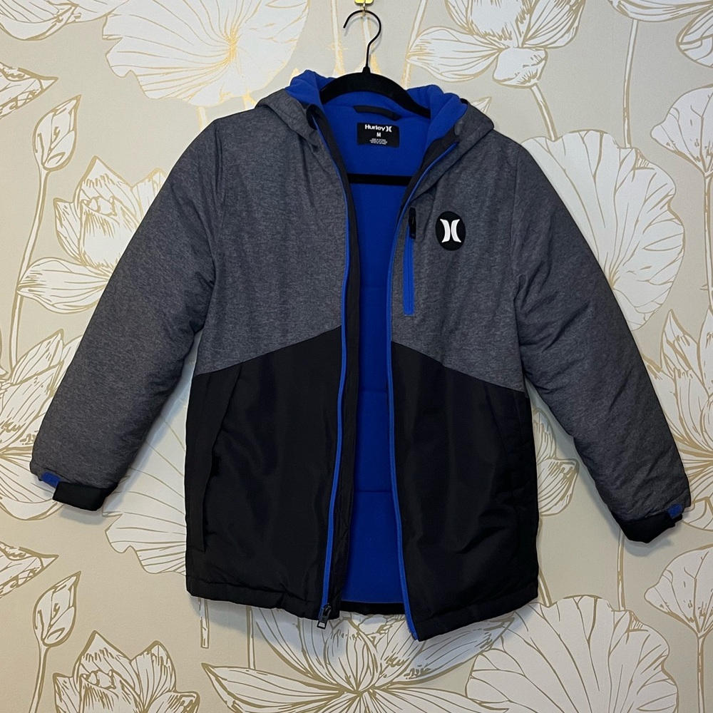 Hurley Kids Fleece-Lined Coat- Gray, Black, Blue - Size Medium 10/12